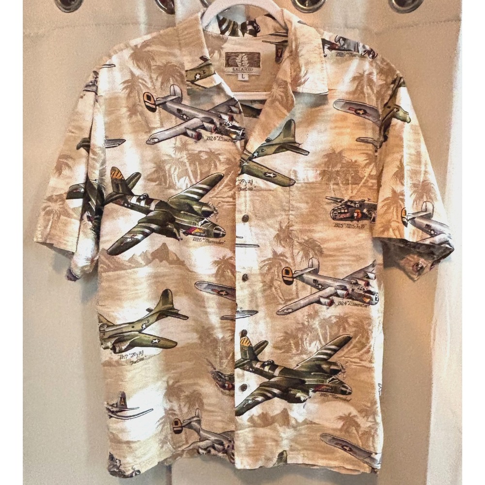 Vtg Kalaheo Mens Camp Shirt Large Planes Hawaiian History Teacher Dad 19062
